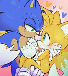 Size: 640x719 | Tagged: safe, artist:efficientfix3816, miles "tails" prower, sonic the hedgehog, 2024, blushing, carrying them, cute, duo, gay, gradient background, heart, holding each other, holding them, lidded eyes, looking at each other, shipping, smile, sonic x tails