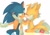 Size: 963x666 | Tagged: safe, artist:0seup_666, miles "tails" prower, sonic the hedgehog, 2023, blushing, duo, floppy ear, gay, holding each other, holding them, kiss, kneeling, looking at them, shipping, simple background, sitting, sonic x tails, white background
