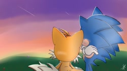 Size: 1280x720 | Tagged: safe, artist:giaoux, miles "tails" prower, sonic the hedgehog, 2023, abstract background, arms folded, duo, gay, grass, outdoors, shipping, shooting star, signature, sonic x tails, standing, sunset