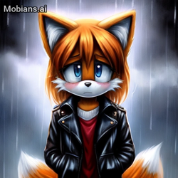 Size: 512x512 | Tagged: safe, ai art, artist:mobians.ai, miles "tails" prower, 2024, abstract background, biker jacket, blushing, clouds, female, frown, hair, hands in pocket, long hair, looking at viewer, older, outdoors, prompter:taeko, rain, shirt, solo