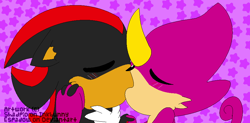 Size: 916x450 | Tagged: safe, artist:espadow, espio the chameleon, shadow the hedgehog, 2012, abstract background, blushing, cheek fluff, duo, duo male, eyes closed, floppy ears, gay, gloves off, holding hands, kiss, male, males only, shadpio, shipping, signature, star (symbol)