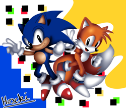 Size: 840x720 | Tagged: safe, artist:fukurou-hoseki, miles "tails" prower, sonic the hedgehog, 2021, abstract background, classic sonic, classic style, classic tails, duo, looking at viewer, signature, smile