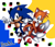 Size: 840x720 | Tagged: safe, artist:fukurou-hoseki, miles "tails" prower, sonic the hedgehog, 2021, abstract background, classic sonic, classic style, classic tails, duo, looking at viewer, mouth open, open smile, signature, smile, smiling at viewer