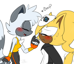Size: 2300x2000 | Tagged: safe, artist:yoshiyoshi700, tangle the lemur, whisper the wolf, 2020, blushing, boop, cute, duo, eyes closed, frown, lesbian, nose boop, sfx, shipping, simple background, smile, standing, sweatdrop, tangle x whisper, white background