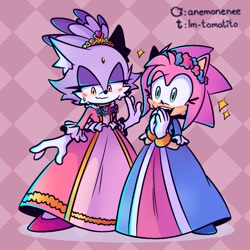 Size: 1000x1000 | Tagged: safe, artist:anemonenee, amy rose, blaze the cat, cat, hedgehog, 2024, amy x blaze, blushing, cute, dress, female, females only, hands together, lesbian, looking at them, shipping, sparkles