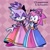 Size: 1000x1000 | Tagged: safe, artist:anemonenee, amy rose, blaze the cat, cat, hedgehog, 2024, amy x blaze, blushing, checkered background, cute, dress, duo, eye clipping through hair, female, females only, hands together, lesbian, looking at them, mouth open, open smile, shipping, smile, sparkles