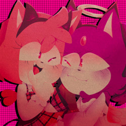 Size: 540x540 | Tagged: safe, artist:head---ache, amy rose, blaze the cat, cat, hedgehog, 2022, amy x blaze, angel, cute, devil horns, female, females only, lesbian, mouth open, one eye closed, shipping