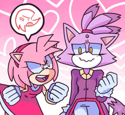 Size: 540x497 | Tagged: safe, artist:puyopuyo, amy rose, blaze the cat, knuckles the echidna, cat, hedgehog, 2016, amy x blaze, amy's halterneck dress, blaze's tailcoat, cute, female, females only, hearts, lesbian, looking at them, shipping