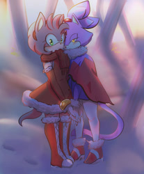 Size: 540x653 | Tagged: safe, artist:asikku, amy rose, blaze the cat, cat, hedgehog, 2022, amy x blaze, cute, female, females only, holding hands, lesbian, looking at viewer, scarf, shipping