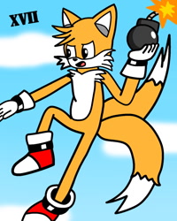 Size: 620x774 | Tagged: safe, miles "tails" prower, fox, angry, bomb, clouds, daytime, flying, gloves, shoes, sky background, tails adventure, text, two tails, yellow fur