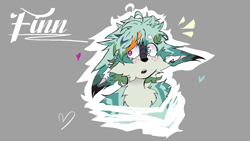 Size: 1280x720 | Tagged: safe, artist:raoutlook, oc, oc:finn the fennec, 2024, beanbrows, blushing, bust, character name, fankid, fennec, freckles, grey background, heart, looking offscreen, magical gay spawn, male, mouth open, outline, parent:kit, parent:tails, parents:kittails, simple background, solo