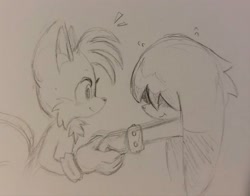 Size: 2048x1603 | Tagged: safe, artist:marsopps, kit the fennec, miles "tails" prower, 2024, blushing, cute, duo, gay, holding hands, kitabetes, kitails, line art, looking at them, pencilwork, shadowed face, shipping, smile, tailabetes, traditional media