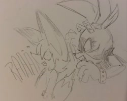 Size: 2048x1638 | Tagged: safe, artist:marsopps, kit the fennec, surge the tenrec, 2024, dialogue, duo, ears up, faic, from behind, line art, pencilwork, scared, screaming, traditional media