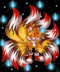Size: 1000x1200 | Tagged: safe, artist:cyngawolf, miles "tails" prower, black background, claws, eyes closed, flame, kitsune, pawpads, sharp teeth, signature, simple background, smile, solo