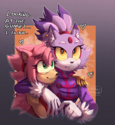 Size: 1250x1359 | Tagged: safe, artist:vilegato, amy rose, blaze the cat, cat, hedgehog, 2022, amy x blaze, cute, english text, female, females only, hearts, holding them, lesbian, looking up, shipping