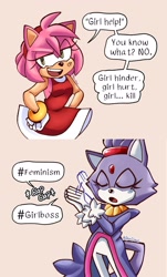 Size: 2048x3400 | Tagged: safe, artist:akarisandraws, amy rose, blaze the cat, cat, hedgehog, 2022, amy x blaze, amy's halterneck dress, blaze's tailcoat, clapping, cute, english text, female, females only, lesbian, shipping
