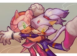 Size: 2048x1506 | Tagged: safe, artist:senamyuu_, amy rose, blaze the cat, cat, hedgehog, 2024, amy x blaze, blaze's riders outfit, blushing, cute, female, females only, holding hands, holding them, lesbian, one eye closed, shipping
