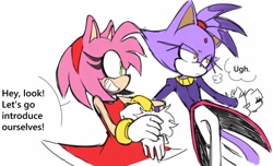 Size: 2598x1581 | Tagged: safe, artist:coldspace, amy rose, blaze the cat, cat, hedgehog, 2024, amy x blaze, amy's halterneck dress, blaze's tailcoat, cute, english text, female, females only, holding arm, lesbian, looking at them, shipping, speech bubble