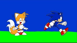 Size: 1080x612 | Tagged: safe, miles "tails" prower, sonic the hedgehog, duo, laughing, running