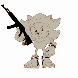 Size: 2048x2048 | Tagged: safe, artist:valenrepetto, sonic the hedgehog, sonic superstars, 2024, classic sonic, frown, gun, holding something, kigurumi, looking at viewer, monochrome, shadow onesie, simple background, solo, standing, white background