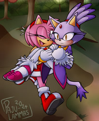 Size: 2048x2495 | Tagged: safe, artist:pajulammas, amy rose, blaze the cat, abstract background, amy x blaze, blushing, carrying them, duo, exclamation mark, lesbian, outdoors, shipping, signature, smile, walking