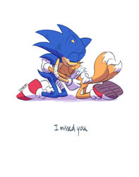 Size: 1616x2048 | Tagged: safe, artist:starrjoy, miles "tails" prower, sonic the hedgehog, bandage, crying, dialogue, duo, english text, eyes closed, hugging, injured, scratch (injury), signature, simple background, smile, tears, tears of happiness, white background