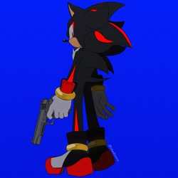 Size: 1090x1090 | Tagged: safe, artist:shadzowo, shadow the hedgehog, 2024, blue background, gun, holding something, looking back at viewer, simple background, solo, standing
