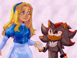 Size: 2048x1536 | Tagged: safe, artist:artbluecyan, maria robotnik, shadow the hedgehog, human, 2024, duo, holding hands, looking at each other, smile, standing