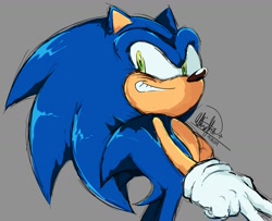 Size: 1985x1608 | Tagged: safe, artist:ultimasho, sonic the hedgehog, 2024, grey background, looking offscreen, signature, simple background, smile, solo, standing