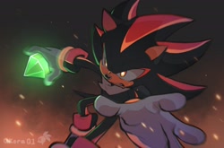 Size: 2048x1354 | Tagged: safe, artist:qkora01, shadow the hedgehog, 2024, abstract background, chaos emerald, glowing eyes, holding something, signature, solo