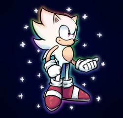 Size: 1420x1356 | Tagged: safe, artist:dynogreeno, sonic the hedgehog, 2022, blue background, hyper form, hyper sonic, looking offscreen, outline, signature, simple background, solo, sparkles, standing