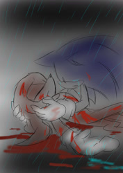 Size: 1240x1754 | Tagged: semi-grimdark, artist:amberday, knuckles the echidna, sonic the hedgehog, 2011, bleeding, bleeding from mouth, blood, blood stain, crying, death, duo, gradient background, holding them, injured, line art, rain, sad, tears, tears of sadness, wound