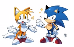 Size: 2048x1321 | Tagged: safe, artist:thatbirdguy_, miles "tails" prower, sonic the hedgehog, 2024, classic sonic, classic tails, clenched teeth, duo, hand on hip, looking at viewer, mouth open, signature, simple background, smile, sparkles, standing, thumbs up, white background