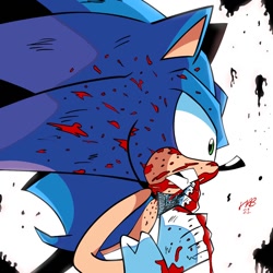 Size: 1200x1200 | Tagged: dead source, semi-grimdark, artist:macpit0, sonic the hedgehog, blood, blood splatter, clenched teeth, looking ahead, looking offscreen, signature, standing