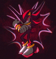 Size: 805x846 | Tagged: safe, artist:bleubearies, shadow the hedgehog, 2024, abstract background, gun, holding something, looking at viewer, solo