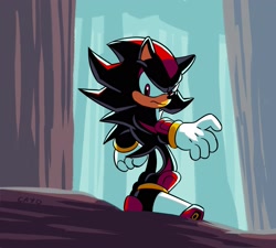 Size: 2048x1840 | Tagged: safe, artist:cryogx, shadow the hedgehog, sonic adventure 2, 2024, abstract background, frown, looking back, looking back at viewer, solo, standing