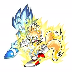 Size: 2048x2048 | Tagged: safe, artist:ptonipr, miles "tails" prower, sonic the hedgehog, super sonic, super tails, 2024, alternate super form, duo, frown, looking at viewer, simple background, super form, white background