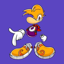 Size: 1330x1331 | Tagged: safe, artist:geigergast, 2022, barely sonic related, blue background, looking at viewer, pointing, rayman, simple background, smile, solo, standing, uekawa style