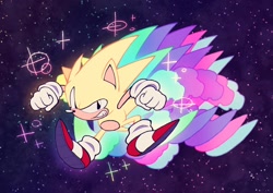 Size: 1270x900 | Tagged: safe, artist:lumspark, sonic the hedgehog, 2022, abstract background, classic sonic, clenched fists, flying, hyper form, hyper sonic, looking at viewer, smile, sparkles, star (sky)