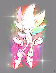 Size: 1568x2048 | Tagged: safe, artist:aeroartwork, sonic the hedgehog, clenched fists, flying, grey background, hyper form, hyper sonic, simple background, smile, solo, sparkles