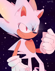 Size: 3500x4500 | Tagged: safe, artist:pastelmangos, sonic the hedgehog, 2022, abstract background, clenched fist, flying, frown, hyper form, hyper sonic, looking ahead, looking offscreen, signature, solo, star (sky)