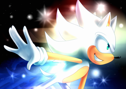 Size: 3035x2149 | Tagged: safe, artist:ecaddlzi, sonic the hedgehog, 2017, abstract background, clenched teeth, flying, green eyes, hyper form, hyper sonic, looking ahead, looking offscreen, smile, solo, sparkles, star (sky)