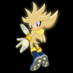 Size: 4800x4800 | Tagged: safe, artist:muska327, silver the hedgehog, 2023, black background, flying, frown, looking back at viewer, redraw, simple background, solo, sonic channel style, super form, super silver