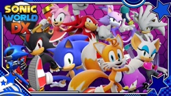 Size: 1280x720 | Tagged: safe, amy rose, blaze the cat, espio the chameleon, knuckles the echidna, metal sonic, miles "tails" prower, rouge the bat, shadow the hedgehog, silver the hedgehog, sonic the hedgehog, 3d, abstract background, black sclera, border, frown, group, logo, looking at viewer, looking offscreen, piko piko hammer, robot, smile, sonic world dx, star (symbol), youtube thumbnail