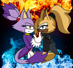 Size: 2478x2308 | Tagged: safe, artist:sonikera19xd, blaze the cat, whisper the wolf, 2021, abstract background, duo, fire, frown, looking at viewer, one fang