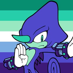 Size: 736x736 | Tagged: safe, artist:harpyjar, espio the chameleon, flat colors, frown, gay, icon, limited palette, looking at viewer, mlm pride, pride, pride flag, pride flag background, solo