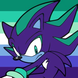 Size: 736x736 | Tagged: safe, artist:harpyjar, shadow the hedgehog, flat colors, frown, gay, icon, limited palette, looking at viewer, mlm pride, pride, pride flag, pride flag background, solo