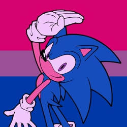 Size: 736x736 | Tagged: safe, artist:harpyjar, sonic the hedgehog, bisexual, bisexual pride, flat colors, icon, limited palette, looking at viewer, looking back at viewer, pride, pride flag, pride flag background, smile, solo