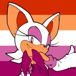 Size: 736x736 | Tagged: safe, artist:harpyjar, rouge the bat, flat colors, icon, lesbian, lesbian pride, limited palette, looking at viewer, looking back at viewer, pride, pride flag, pride flag background, smile, solo