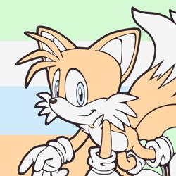 Size: 736x736 | Tagged: safe, artist:harpyjar, miles "tails" prower, flat colors, icon, limited palette, looking at viewer, pride, pride flag, pride flag background, smile, solo, unlabelled, unlabelled pride